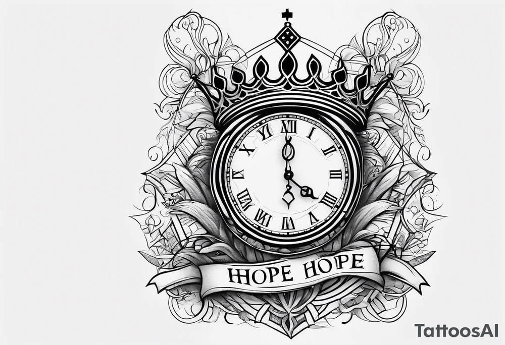 HOPE lettering tattoo, broken clock, king crown incorporated tattoo idea