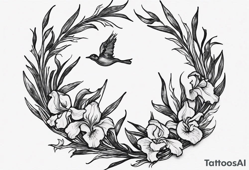 Create a small Vincent van Gogh Irises tattoo. The tattoo should take the form of a crescent, with vines gracefully intertwining at a central point in the middle of the wreath with a bird. The intended placement is on the upper chest. The overall design should be small in size while maintaining a delicate and artistic aesthetic. Pay attention to the graceful flow of the vines and the placement of the irises to achieve a refined and elegant look. tattoo idea