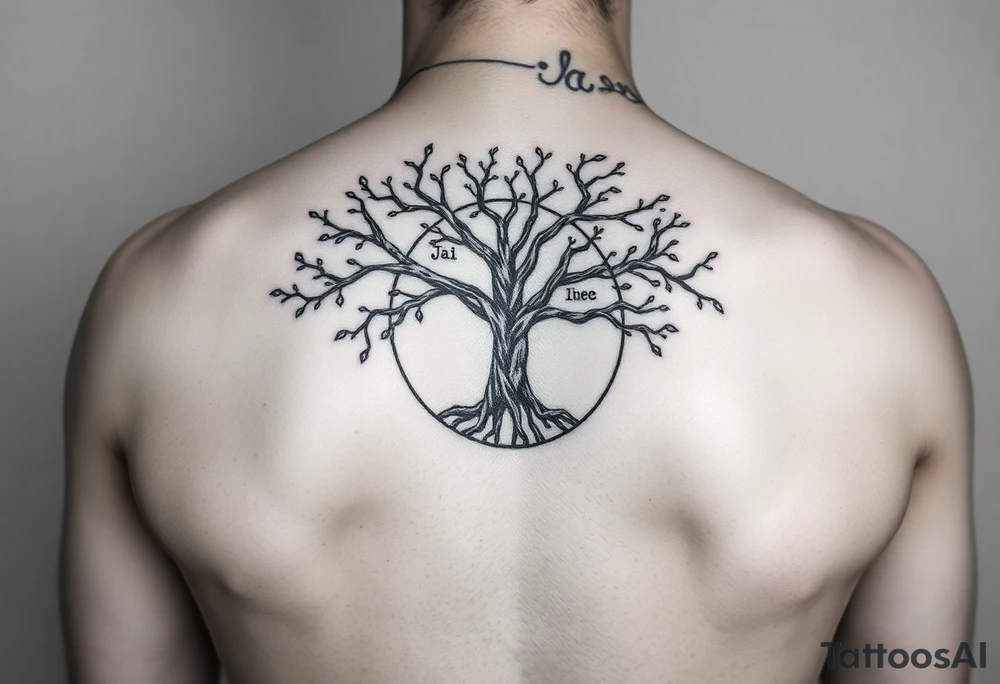 tree of life with circle. names Jai , Phoebe, Imogen, Matilda in the circle tattoo idea