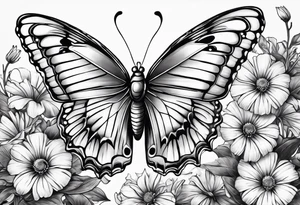 Butterfly with aster and morning glory flowers in place of 2 wings tattoo idea