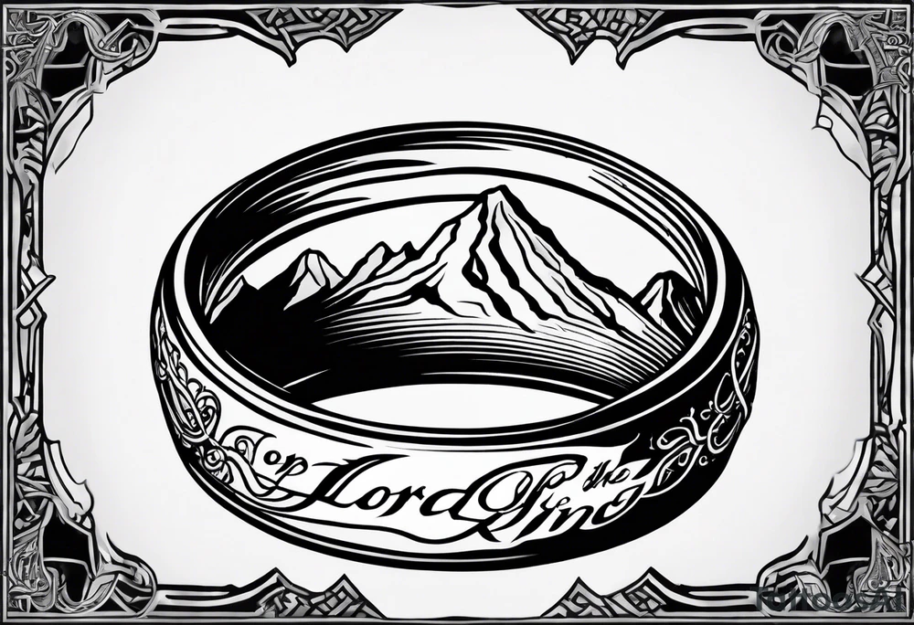 lord of the rings ring lettering with mountains above it and silhouette image of the fellowship of the ring on their travels under that tattoo idea