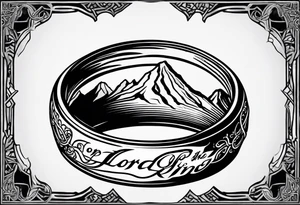lord of the rings ring lettering with mountains above it and silhouette image of the fellowship of the ring on their travels under that tattoo idea