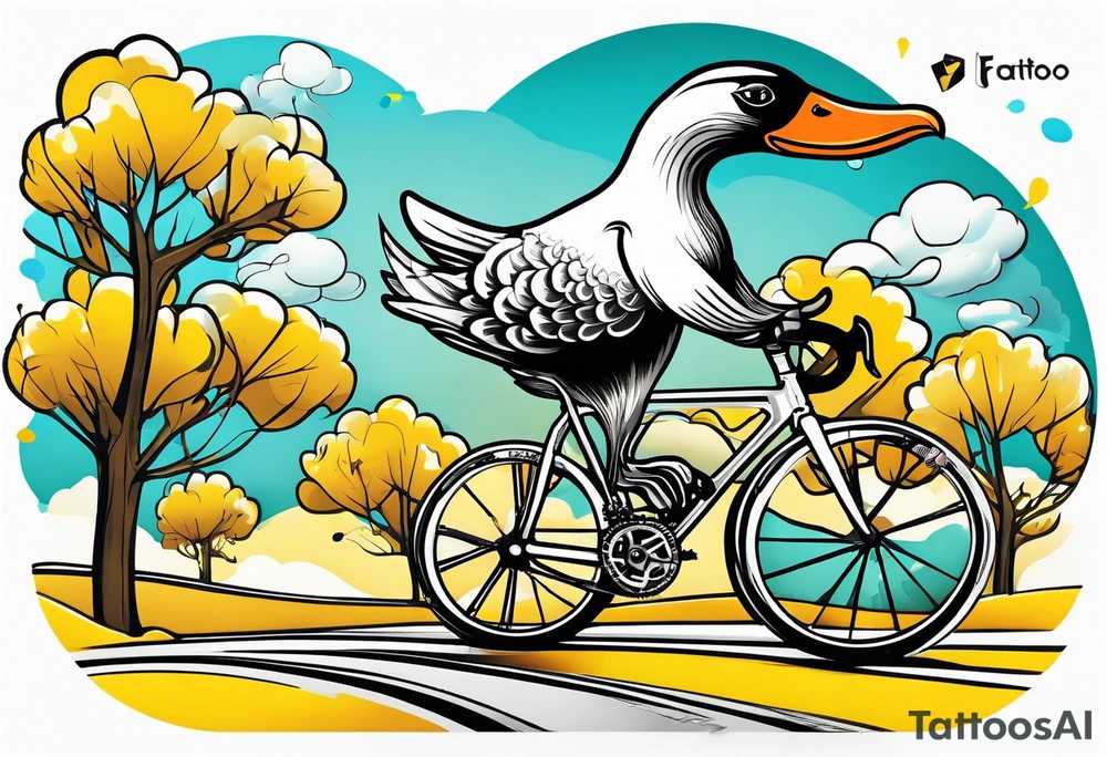 A silly goose riding a drop bar road bike like it’s in the Tour de France tattoo idea