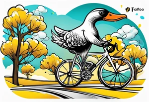 A silly goose riding a drop bar road bike like it’s in the Tour de France tattoo idea