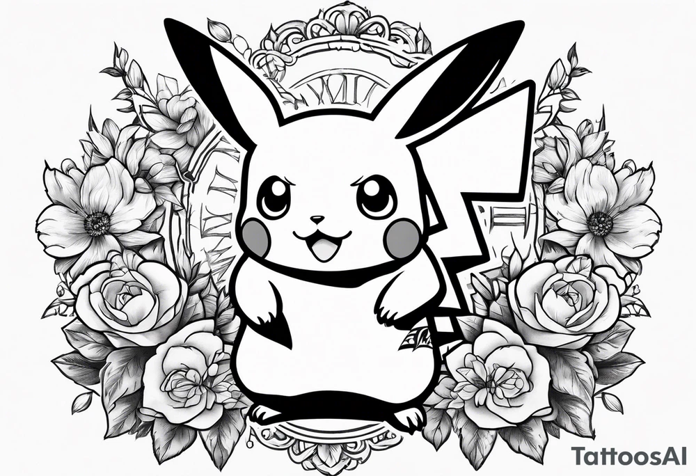 Pikachu Holding bouquet of flowers in front of him tattoo idea