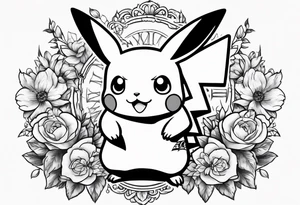 Pikachu Holding bouquet of flowers in front of him tattoo idea