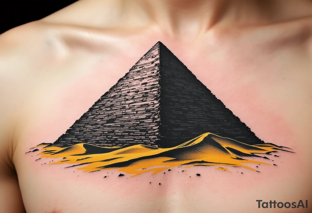 A jet-black pyramid casting a shadow over a golden sand dune. tattoo idea