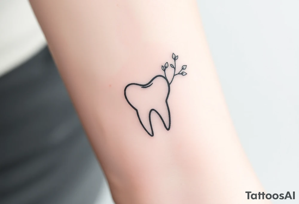 Minimalist molar tooth with a thin, arching branch of baby’s breath leaning gently against one side, airy and elegant.” tattoo idea