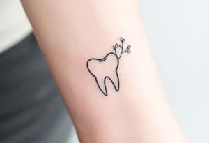 Minimalist molar tooth with a thin, arching branch of baby’s breath leaning gently against one side, airy and elegant.” tattoo idea