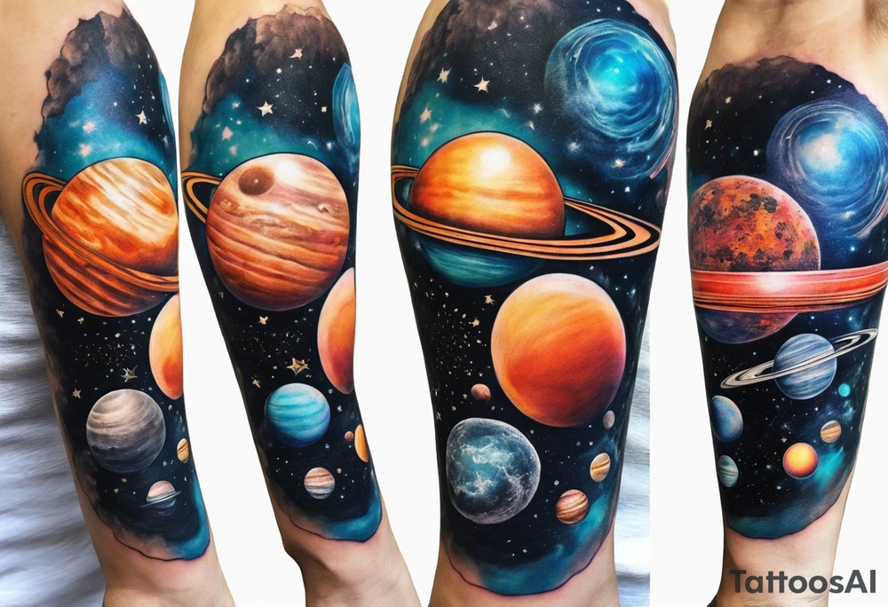 Half sleeve tattoo of planets orbiting a black hole. tattoo idea