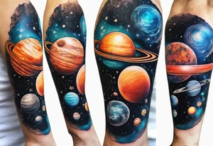 Half sleeve tattoo of planets orbiting a black hole. tattoo idea