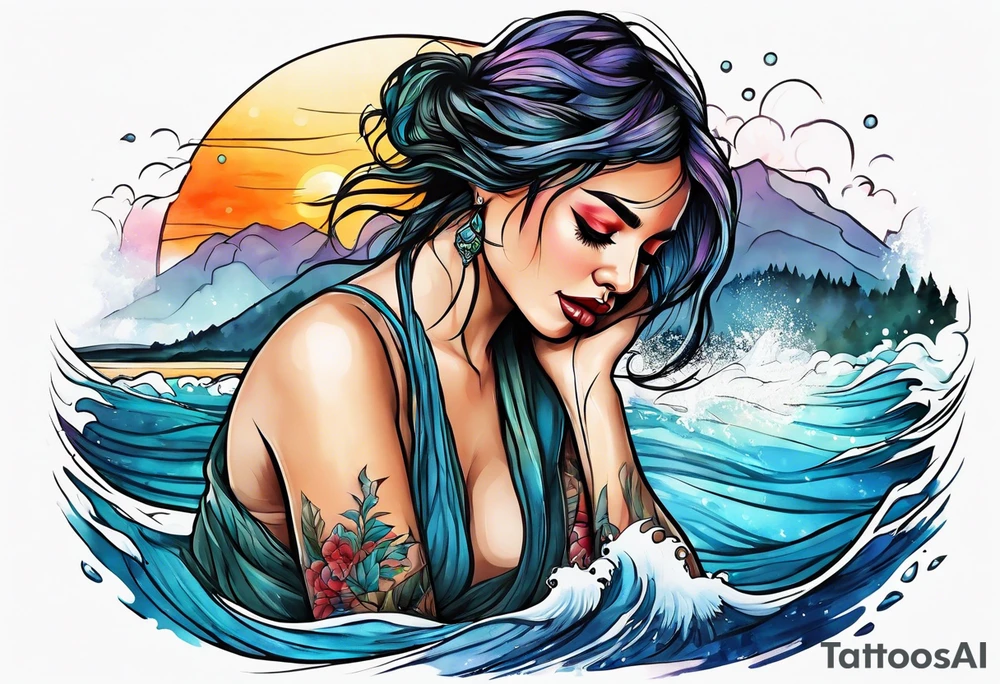 Woman crying at a river tattoo idea