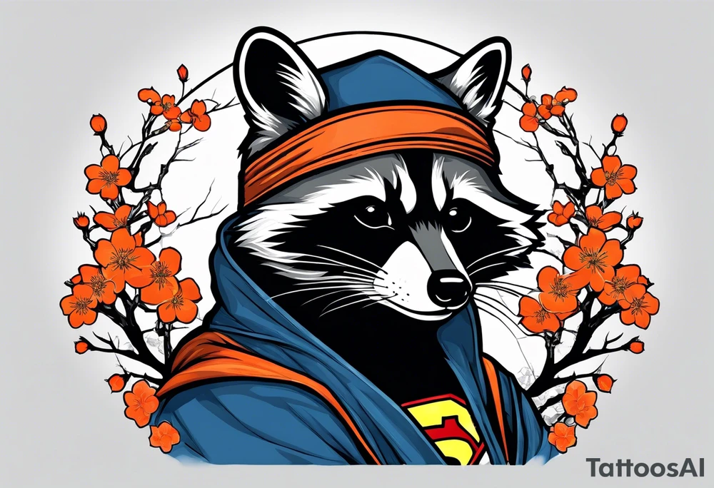 raccoon wearing a Superman hoodie with orange Japanese cherry blossoms tattoo idea