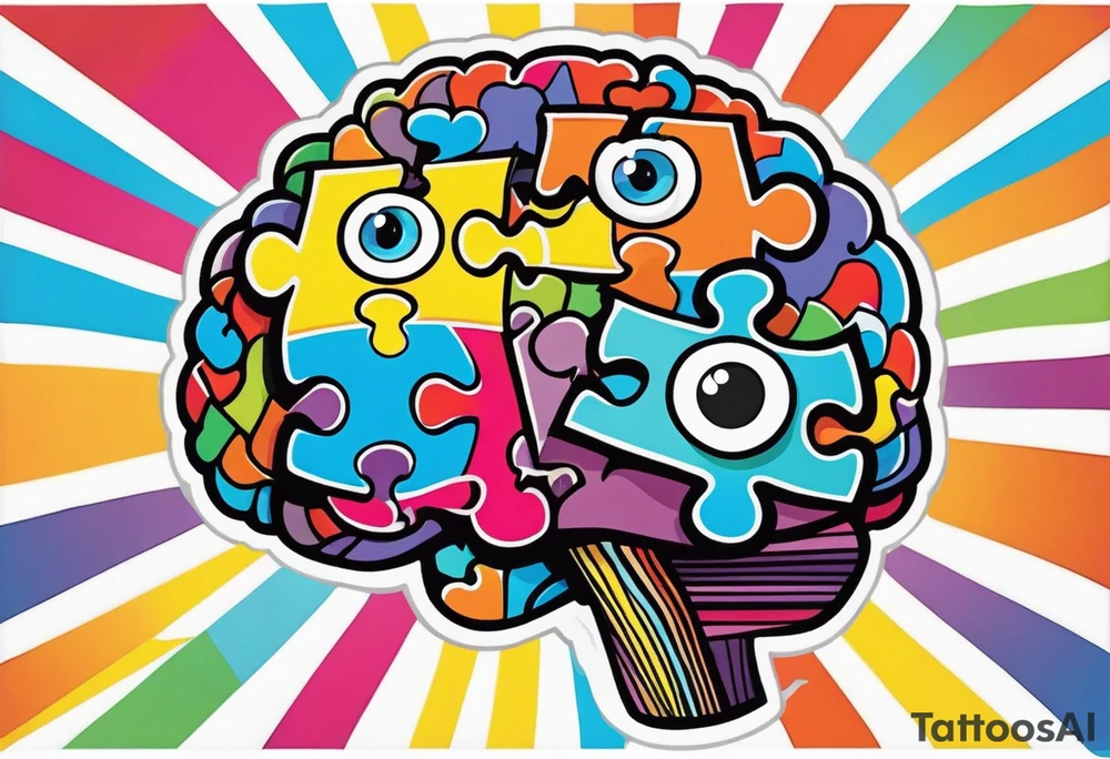 Colorful brain with two eyes made of puzzle pieces tattoo idea