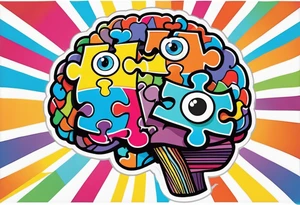 Colorful brain with two eyes made of puzzle pieces tattoo idea