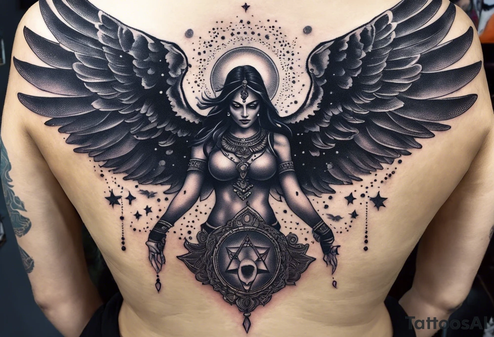 black kali, goddess pirate, alien, angel, pachamama, valkrye, warrior, flying, skull, lotus azul, wing, eagle, zenza resonance, stars, 5D, anahata chakra, death, durga, riding on a tiger, flying lady, chest tatoo tattoo idea