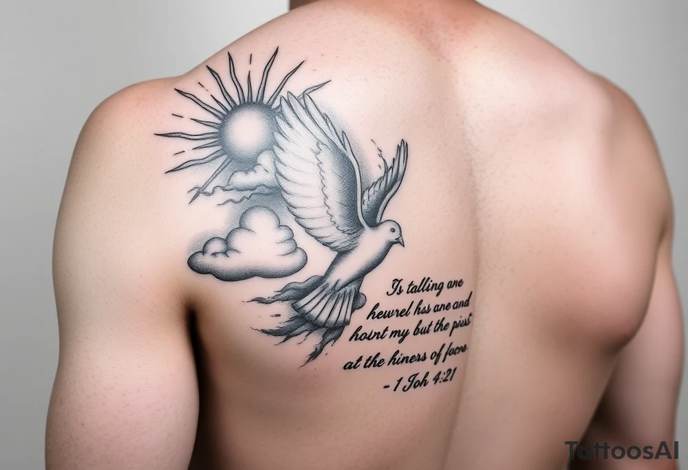 sun rays starting on shoulder going a bit onto chest and down arm with some clouds, mourning dove, bible verse 1 John 4:21 written on the bicep tattoo idea