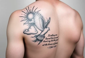 sun rays starting on shoulder going a bit onto chest and down arm with some clouds, mourning dove, bible verse 1 John 4:21 written on the bicep tattoo idea