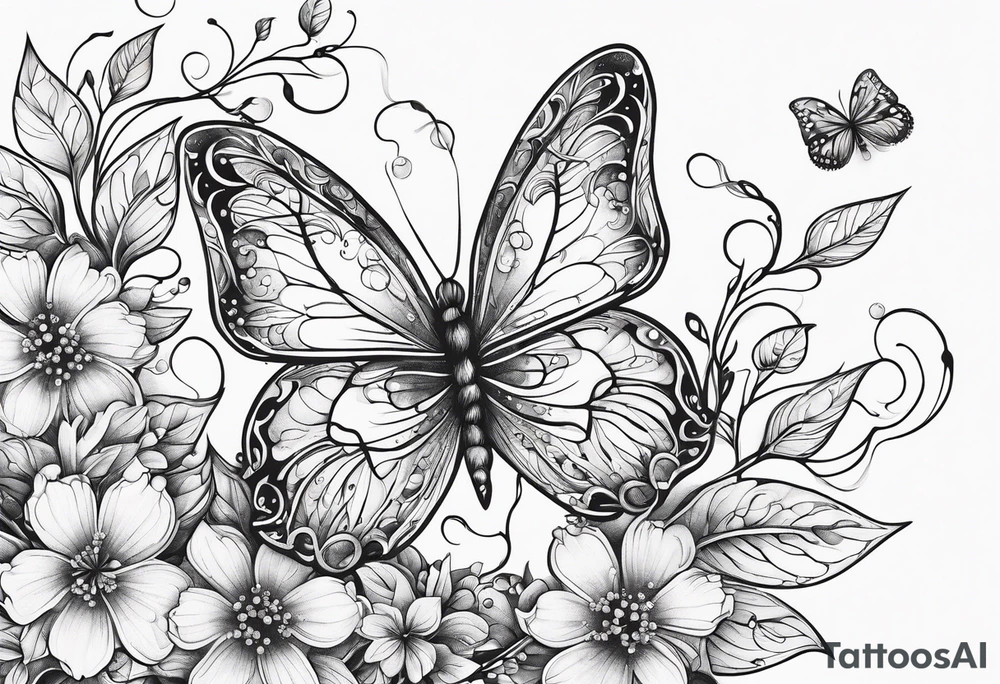 Winding branches and leaves and tiny flowers with a small moth and bubbles tattoo idea