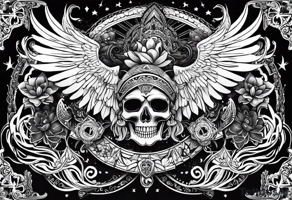 black kali, goddess pirate, pachamama, valkrye, warrior, skull, lotus azul, wing, eagle, zenza resonance, stars tattoo idea