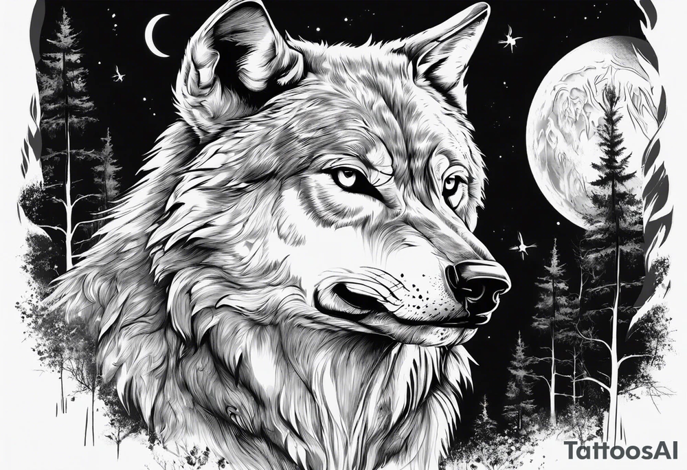 Wolf outside at night full.moon time clock as the moon face tattoo idea