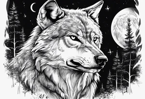 Wolf outside at night full.moon time clock as the moon face tattoo idea