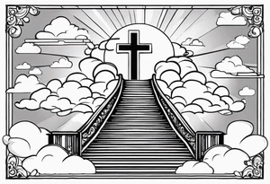 A heavenly stairway to heaven with clouds with a cross with two doves tattoo idea