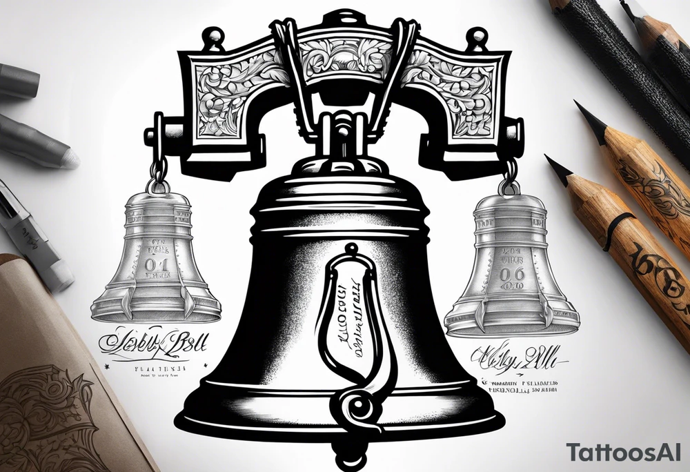 A Liberty Bell with the name Valor and the date 06.29.2019 tattoo idea