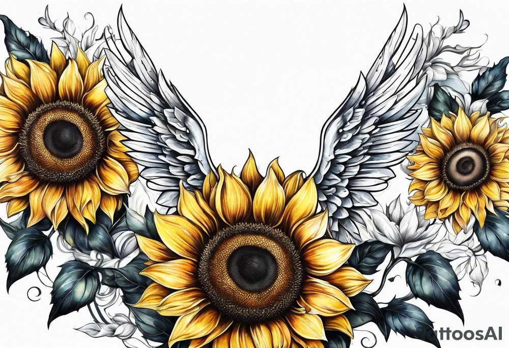 Sunflowers and angel wings leg sleeve tattoo idea
