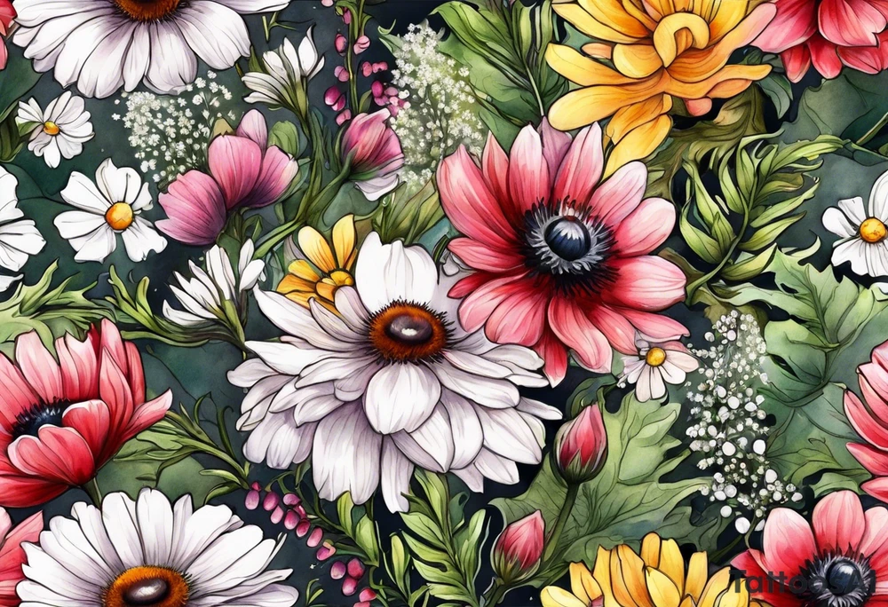 wildflowers cascading with thistles, ferns, white anemones, sun flowers, buttercups, pink flowers, red flowers, babys breath and daisies all in watercolor tattoo idea