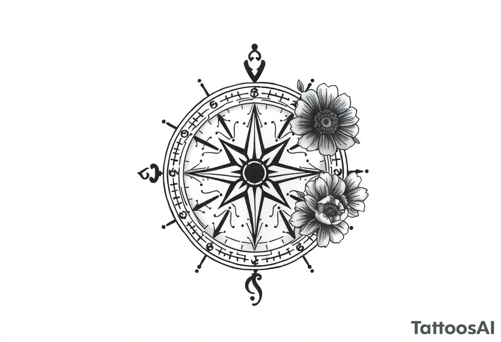 zodiac symbols the elements and Norse runes within ornate compass with roses lilly sunflowers tattoo idea
