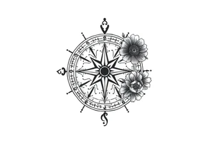 zodiac symbols the elements and Norse runes within ornate compass with roses lilly sunflowers tattoo idea