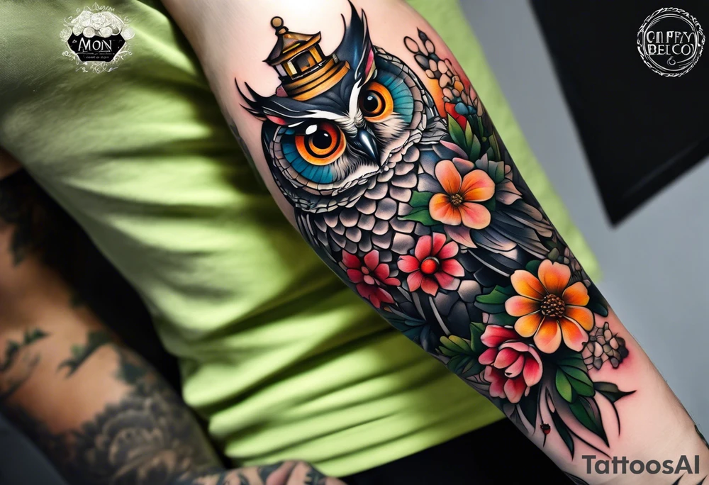 A lower forearm sleeve full colour coming down from a bicep with flowers joined with lighthouse, honeycombs, mandala flowers, and owl, bees, pinecone, lady bugs. Moon tattoo idea