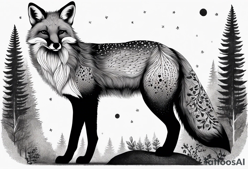 A playful fox with a bushy tail, set in a lush forest, illustrating cleverness and adaptability.” tattoo idea