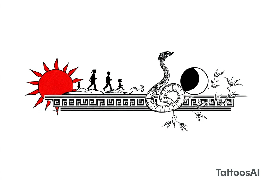 Forearm tattoo stencil, ultra-thin horizontal band (ratio 10:1), black and red line art.  
TOP EDGE (DAY):  
- Large red Greek sun with sharp neo-tribal spikes,  
- Tiny running human silhouettes (angular style),  
- Phoenix bird feathers integrated into meander.  

BOTTOM EDGE (NIGHT):  
- Black crescent moon with dotwork shading,  
- Ouroboros snake with dragon scales,  
- Meditating figure (silhouette).  

CENTER:  
- Greek meander pattern connecting all elements,  
- Hidden Bagua trigrams in corners (black),  
- Bamboo stalks as "Tree of Life" (red).  

Seamless repeating design, NO background, pure line art.  
Style: Neo-tribal meets ancient Greek and Chinese ink art. tattoo idea