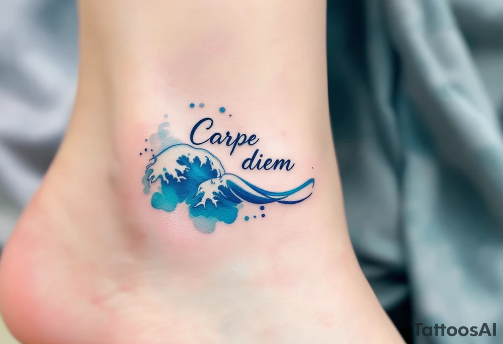 A minimalist monoline black "Carpe Diem" with a small blue wave curling beneath the words. tattoo idea