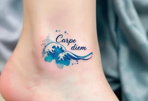 A minimalist monoline black "Carpe Diem" with a small blue wave curling beneath the words. tattoo idea
