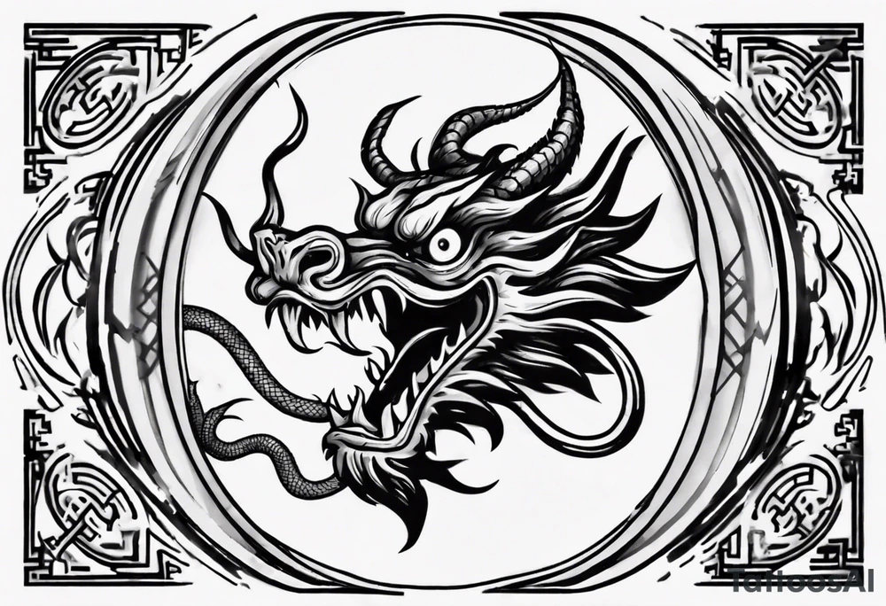 Chinese dragon in a circular shape with "02.03" written on its skin tattoo idea