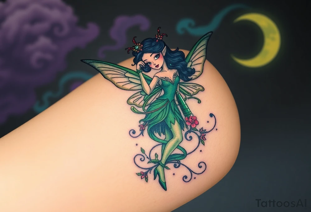 Tim Burton’s kelly doty pin up style Vintage Parisian elegant and hauntingly beautiful yet eerie full body absinthe Green Fairy dances outside her victorian crystal decatur she was once inside this elaborate ornate bottle absinthe bottle Absinthe Art Nouveau   and dripping with muted reds, dusty pinks, and eerie green glow.purple and cyan smokey clouds swirl in the crescent moonlit sky thats sprinkled with stars tattoo idea