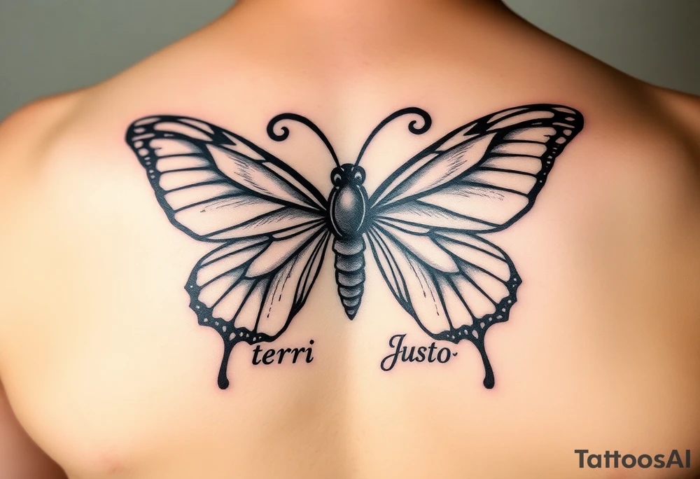 aries zodiac sign turned into a butterfly with the names terri and justo incorporated. add cat reference too tattoo idea