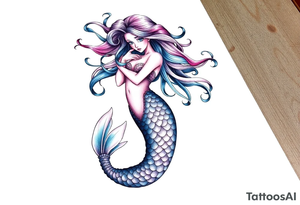 mermaid with flowing hair tattoo idea