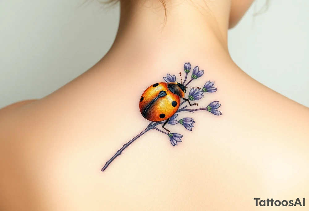 Dainty Golden ladybug on a lavender branch tattoo idea