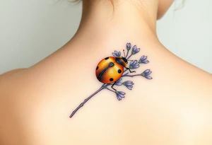 Dainty Golden ladybug on a lavender branch tattoo idea