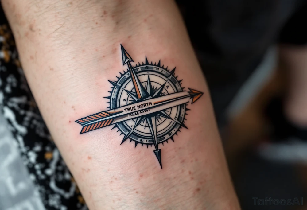 Rustic half compass with a long native American arrow pointing at my wrist with the words “True North” and says "Isaiah 40:31" tattoo idea