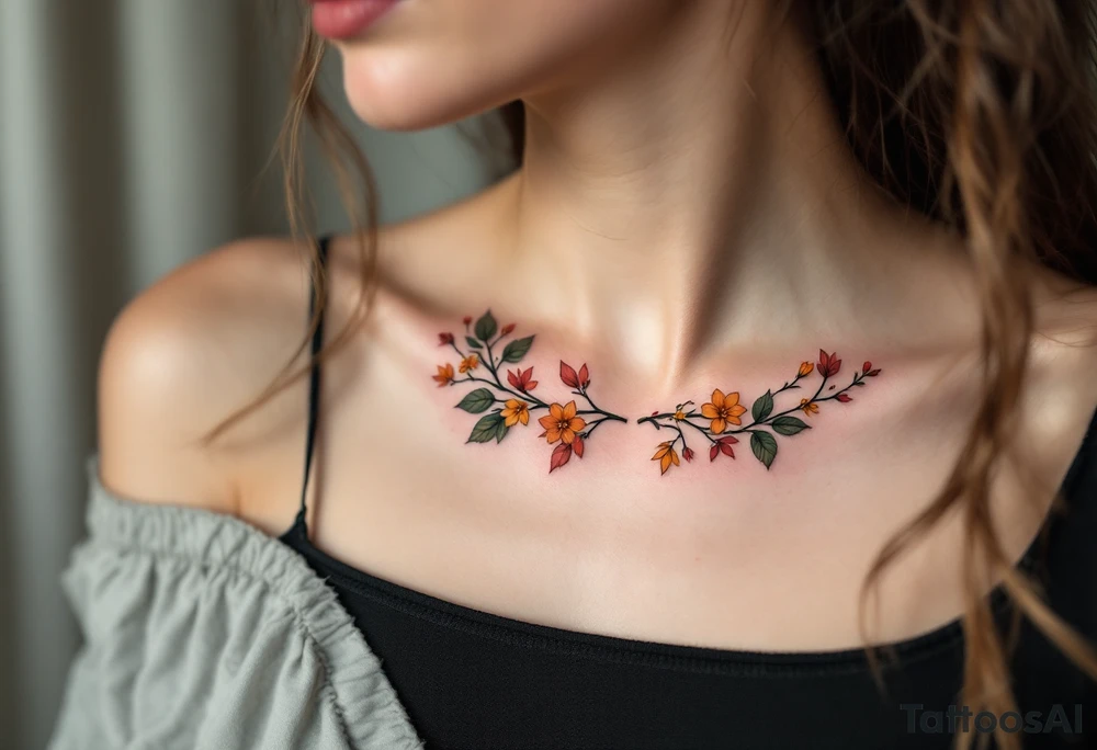 Two separate collarbone tattoos of long, stems and branches covered with red, orange, yellow and dark forest green leaves and flowers, academia, witchy, muted, delicate and gentle but moody, long and thin, following the collarbone. More muted, not so bright, darker colors. Fewer amount of leaves, larger leaves. Less flowers and leaves. tattoo idea