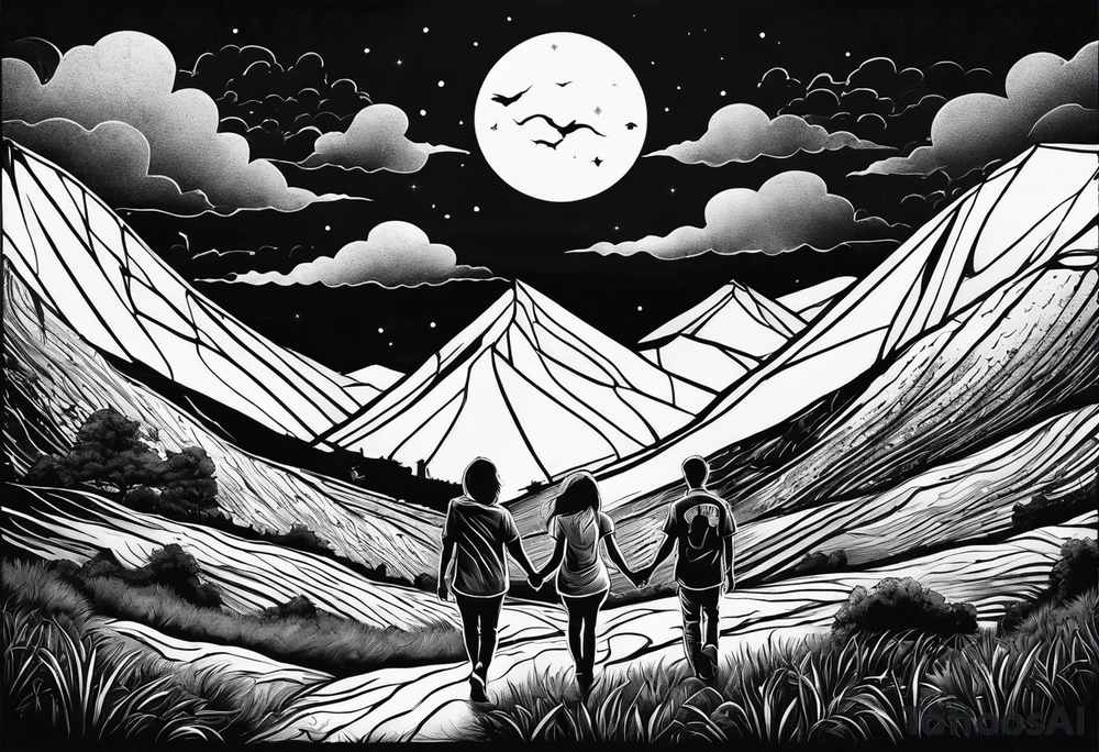 big brother with two sisters holding hands walking up hill through storm tattoo idea