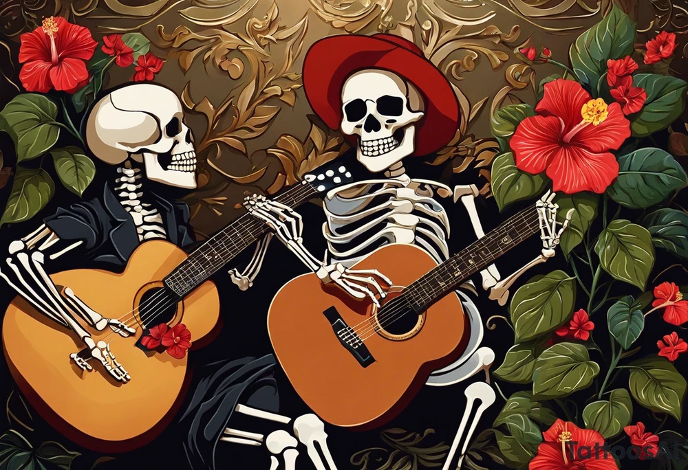 a female skeleton holding a hibiscus flower and a male skeleton playing a guitar. The scene should capture a moment of connection between the two, with the female skeleton attentively listening to the music played by the male skeleton. Emphasize the details of the hibiscus flower,  and the fluidity of the music being played on the guitar. tattoo idea