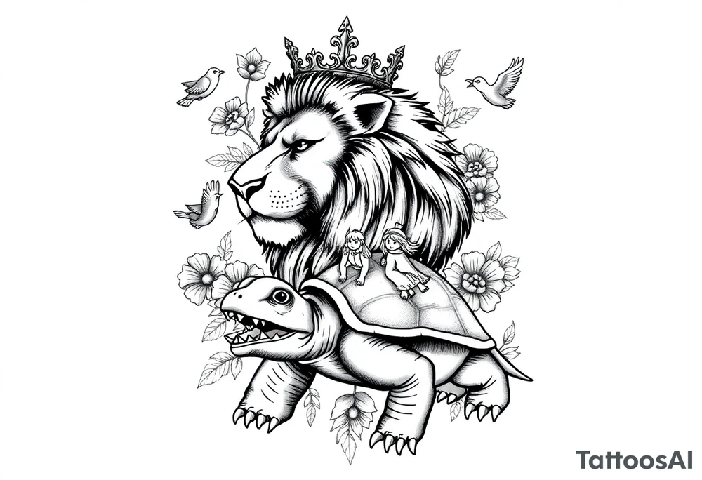 powerful majestic lion with a crown, surrounded by floral ornaments and birds an angry turtle with huge teeth and a tiny hobbit like person riding on the back tattoo idea