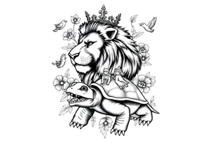 powerful majestic lion with a crown, surrounded by floral ornaments and birds an angry turtle with huge teeth and a tiny hobbit like person riding on the back tattoo idea