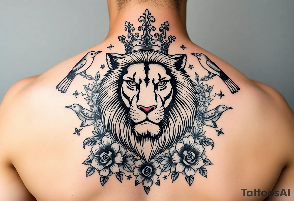 powerful majestic lion with a crown, surrounded by floral ornaments and birds tattoo idea